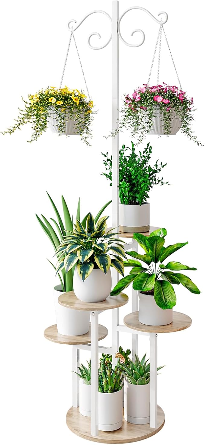 Plant Stand Indoor 5 Tier 8 Potted with hook hanging basket Multiple Flower Pot Holder for Patio Garden Balcony Living Room Corner (5 Tier with hook White+Sonoma Oak)