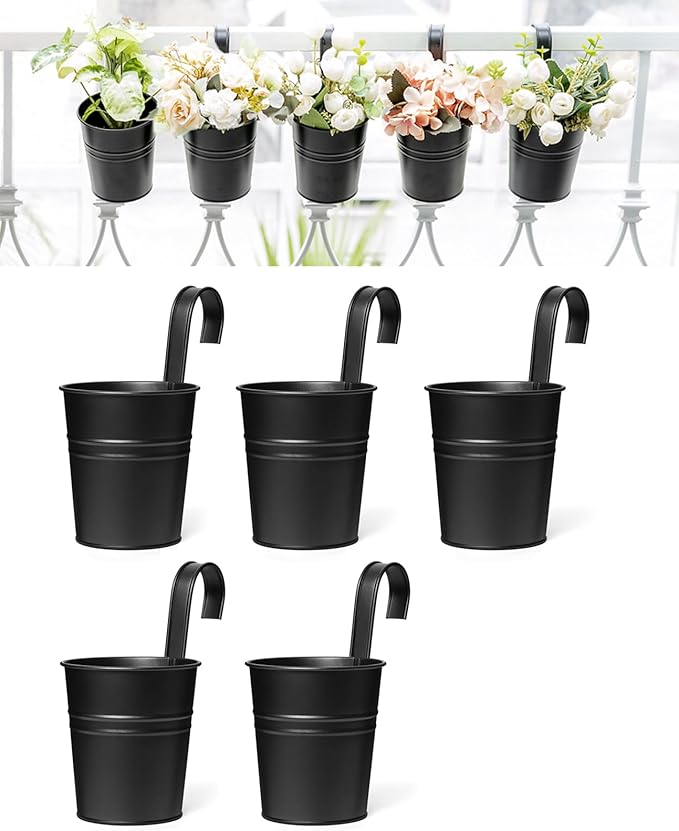 Dahey 5 Pcs Hanging Flower Pots 4 Inches Metal Iron Bucket Outdoor Planter for Railing Fence Balcony Garden Home Decoration Flower Holders with Detachable Hooks, Black