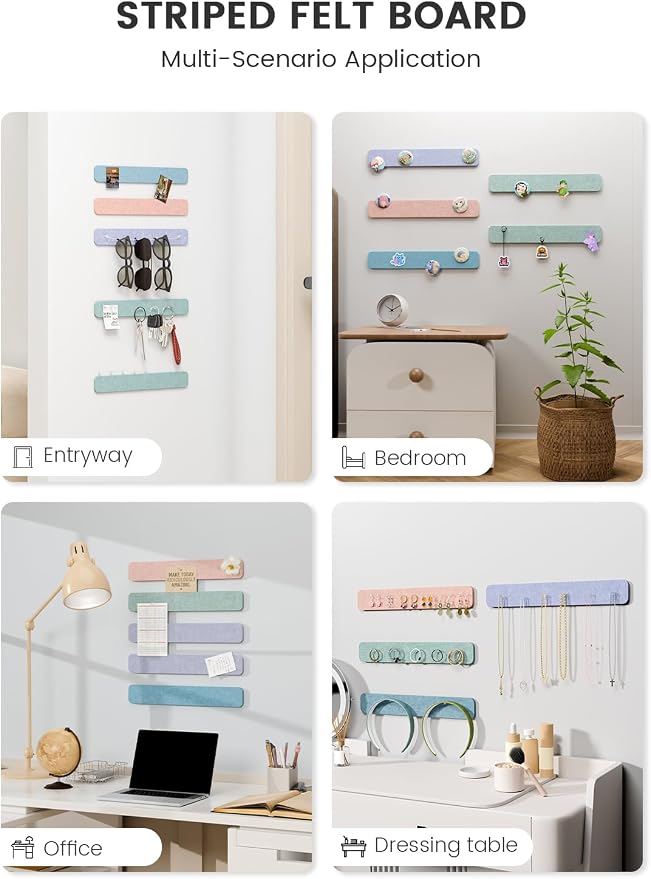 Fluxynara 13" x 2" Felt Wall Panels, Coastal Haze | 5-Pack Cork Board Alternative with 35 Push Pins, Adhesive Mounting for Bedroom Door or Home Office