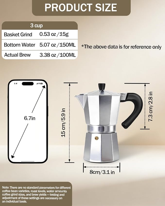 Coffee Maker Stovetop Espresso Maker 3 Cup Aluminum Moka Pot Percolator 5oz 150ml Easy Brewing for Electric Ceramic Stoves Home Camping Italian Cuban Café Classic Silver