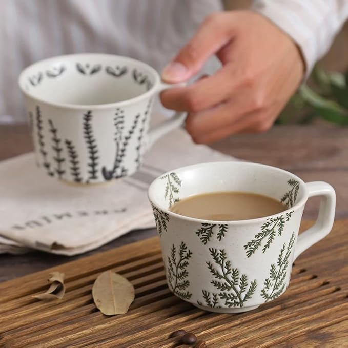 Small Ceramic Mug, 11oz - Vintage Cup Mug for Coffee Milk Latte Cappuccino Tea, Plant Porcelain Cup Dishwasher Microwave Freezer Safe Stoneware 1 PC Black Leaf Cup