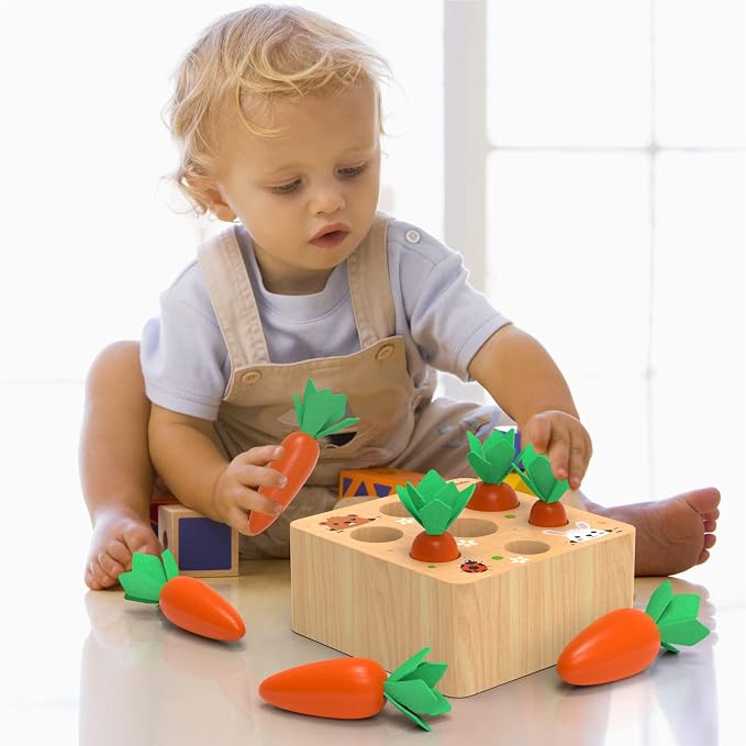KMTJT Montessori Toys for 1 2 3 Year Old Toddlers, Carrot Harvest Game Wooden Toy for 2 3 Year Old Baby Boys and Girls, Educational Learning Shape Sorting Matching Gifts 1-3