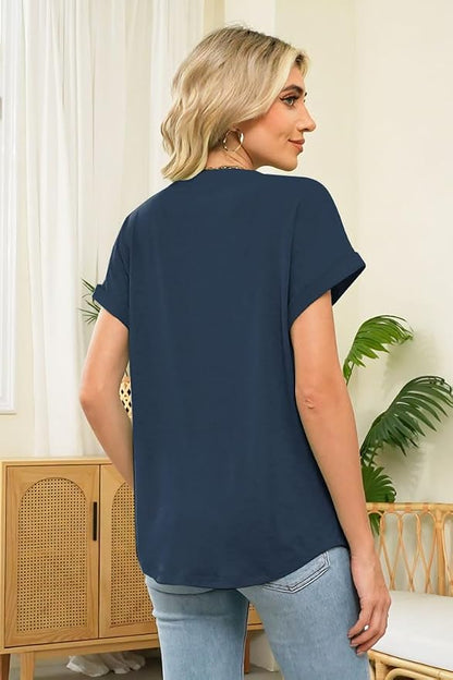 Womens Henley Summer Tops V Neck Button Dressy Casual T Shirts Blouses | Breathable, V-Neck Button, Striped, Loose Fit, Business Casual, Office, Vacation, Spring Summer Tops, Basic Shirts