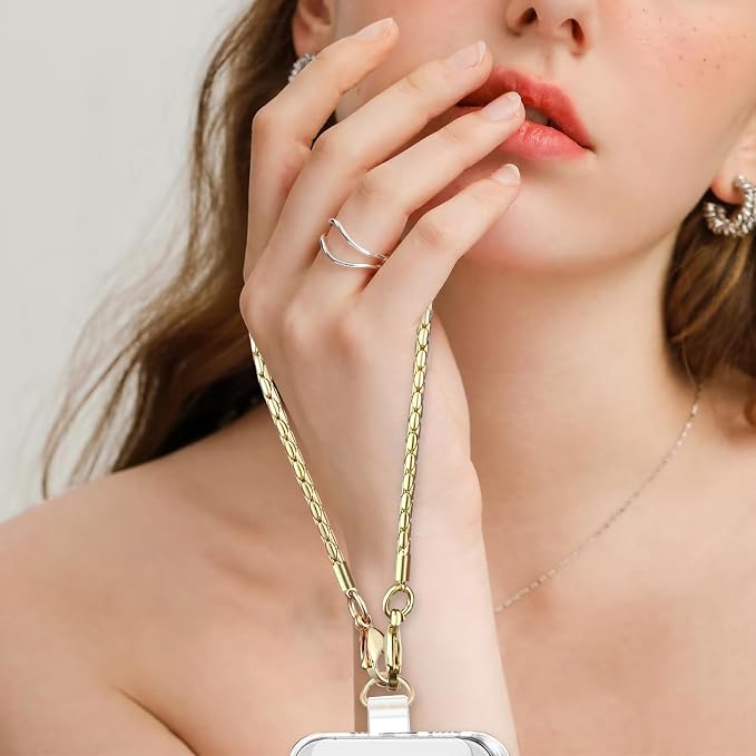 Phone Wrist Strap Metal Phone Chain Lanyard Hand Wristlet Detachable Phones Charm with 3 Tether Tabs with CellPhone Stand Holder Finger Grip Universal for Women Girls Traveling Party Walking Gold
