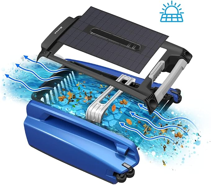 Betta SE Solar Powered Automatic Robotic Pool Surface Skimmer Cleaner with 24/7 Continuous Cleaning Battery Power and Re-Engineered Twin Salt Chlorine Tolerant Motors (Blue)