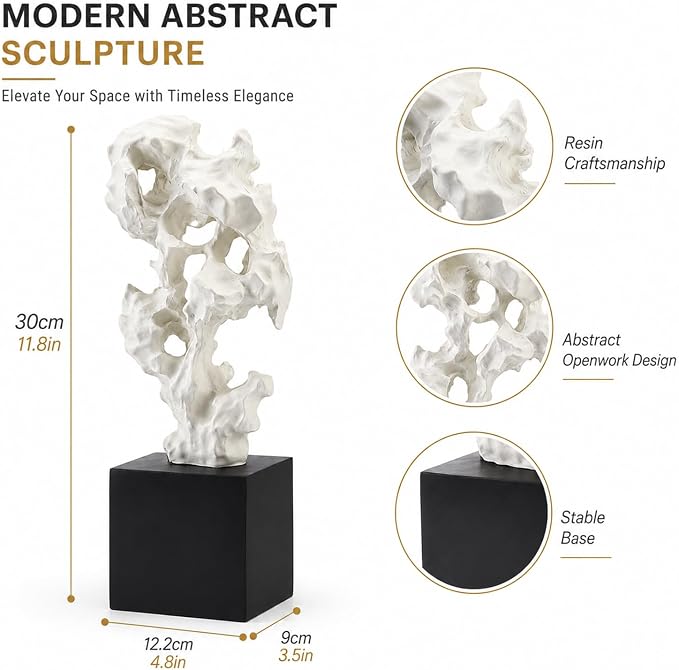 11.8" Modern Abstract Sculpture | Stone Home Decor, Resin White and Black Art Statues for Living Room, Coffee Table Centerpiece, TV Stand Shelf Bookshelf Decor