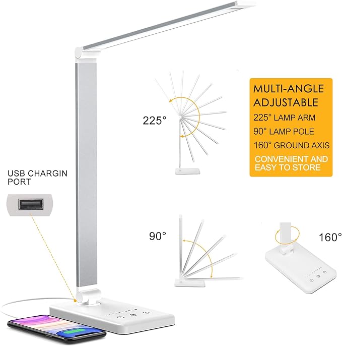 Led Desk Lamp, Desk Lamp with USB Charging Port, 5 Color Modes, 10 Brightness, Natural Light, Eye Caring Reading Lamp, Desk Light for Home Office, Table Lamp, Touch Control, Auto-Timer, White