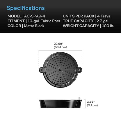 AC Infinity Self-Watering Fabric Pot Base XL, 4-Pack Auto-Irrigation Water Delivery System with Reservoir Meter, Extra Large Elevated Plant Saucers for Indoor Grow Tents, Greenhouses, Outdoor Gardens