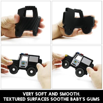 Baby Construction Vehicles Teething Toys,Food Grade Silicone Teether with One-piece Pacifier Clip Holder,Shower Gift for 3 Months+ Boy and Girl,BPA Free,Freezer Safe. (Police Car)