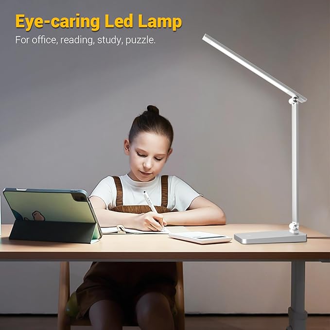 LED Desk Lamp for Home Office, 3 Levels Dimmable Desk Light with USB Charging Port, Small Study Lamp, Reading Light for Table, Sliver, 5000K