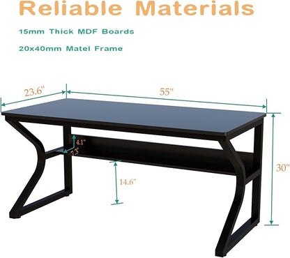 OSCHF 55-Inch Extra Long Desk with Storage Shelf, Black | Double Long Writing Table, Space-saving, 2-Person Workstation, Modern Study Work Computer Desk, For Home Office