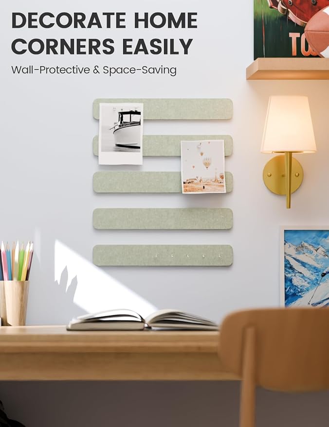 Fluxynara 13" x 2" Felt Wall Panels, Sage | 5-Pack Cork Board Alternative with 35 Push Pins, Adhesive Mounting for Bedroom Door or Home Office