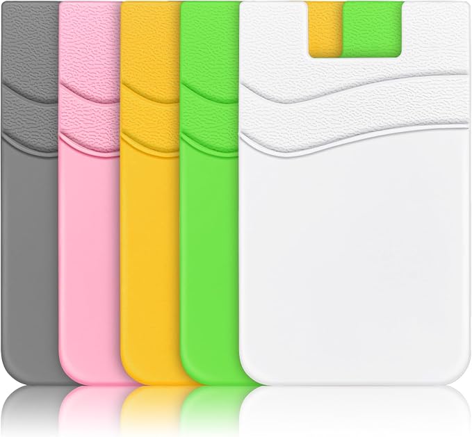 SHANSHUI Card Holder for Phone Case, Silicone Sticky Sleeve Pocket Stick on Business ID Credit Card Cell Phone Wallet Fitting for iPhone, Android & Most Smartphones, 5 PCS Grey White Yellow Green Pink