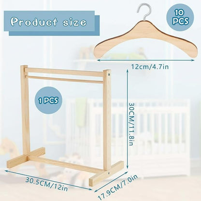 Civaner 11 Pcs Doll Garment Rack with Wooden Clothes Hanger for 18 Inch Girl Doll Clothes Mini Hangers Wardrobe Furniture Accessories for Dollhouse Baby Shower Supplies (Wood)