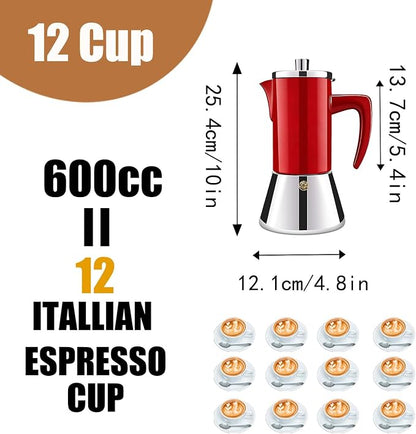 12 Cup Thickened 304 Stainless Steel Moka Pot Stovetop Espresso Maker Cafeteras Italian Percolator Espress Makers Capable Greca Mocha Coffee Machine for Induction Home and Camping 600ml 20oz