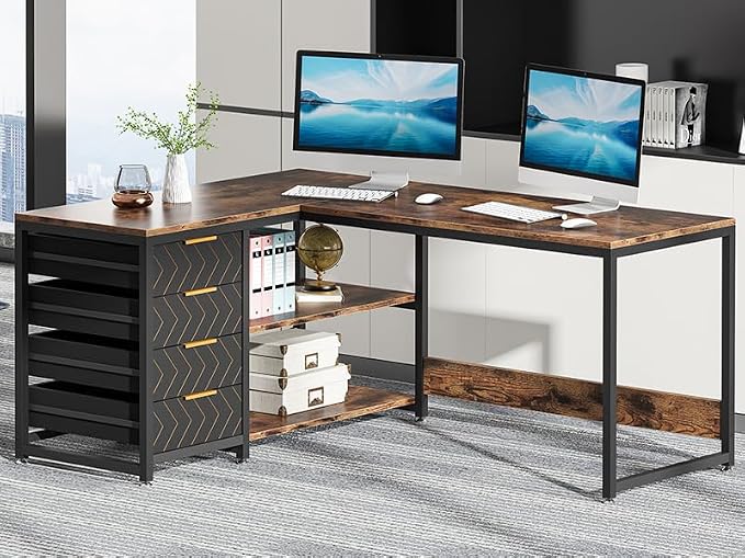 Tribesigns L Shaped Computer Desk with Storage Drawers, 59 inch Corner Desk with Shelves, Reversible L-Shaped Office Desk Study Writing Table Workstation for Home Office, Brown