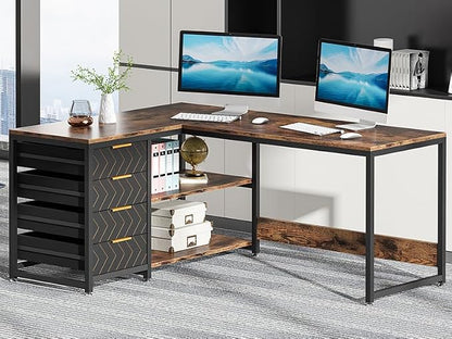 Tribesigns L Shaped Computer Desk with Storage Drawers, 59 inch Corner Desk with Shelves, Reversible L-Shaped Office Desk Study Writing Table Workstation for Home Office, Brown