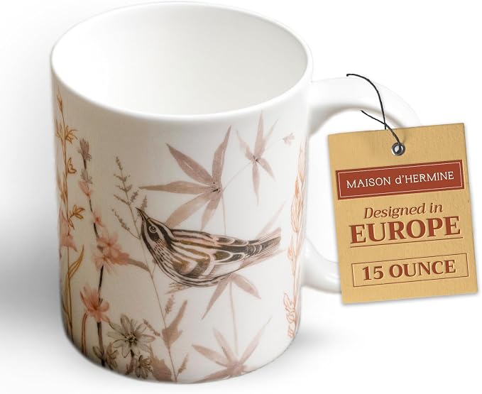 Maison d' Hermine Coffee Mug with Handles Tea Cups (15 Ounce, Pack of 1) | Fine Bone China Coffee Mugs for Hot Beverages Cappuccino Latte Home Spring Summer -Meadow Florals - Beige - Meadow Morning