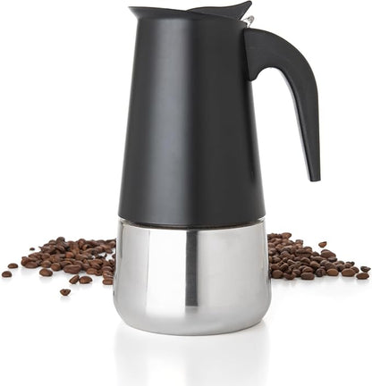 Mixpresso 6 Cup Greca Moka Pot, Stainless Steel Stovetop Espresso Maker | 300ml/10oz Italian stovetop coffee maker with classic percolator design, ideal for preparing coffee at home or while camping