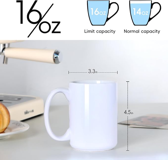 16 OZ Coffee Mug, Classic Blank Ceramic Cup with Large Handle for Tea Latte Cappuccino, White