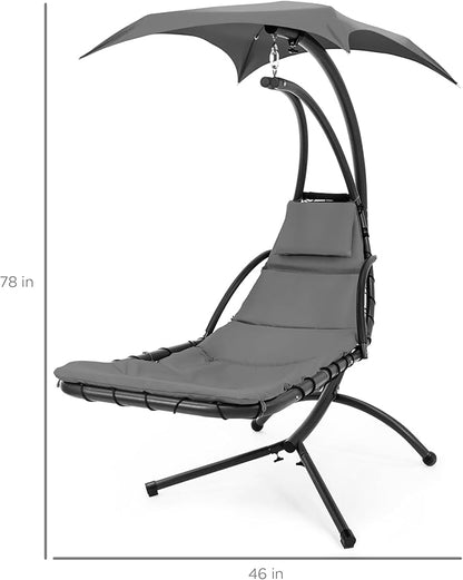 Best Choice Products Outdoor Hanging Curved Steel Chaise Lounge Chair Swing w/Built-in Pillow and Removable Canopy - Charcoal Gray