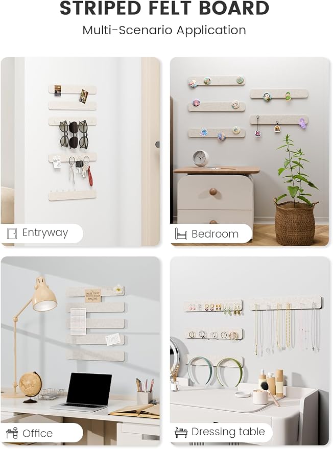 Fluxynara 13" x 2" Felt Wall Panels, Oatmeal | 5-Pack Cork Board Alternative with 35 Push Pins, Adhesive Mounting for Bedroom Door or Home Office