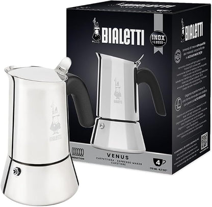 Bialetti - New Venus Induction, Stovetop Coffee Maker, Suitable for all Types of Hobs, Stainless Steel, 4 Cups (5.7 Oz), Silver