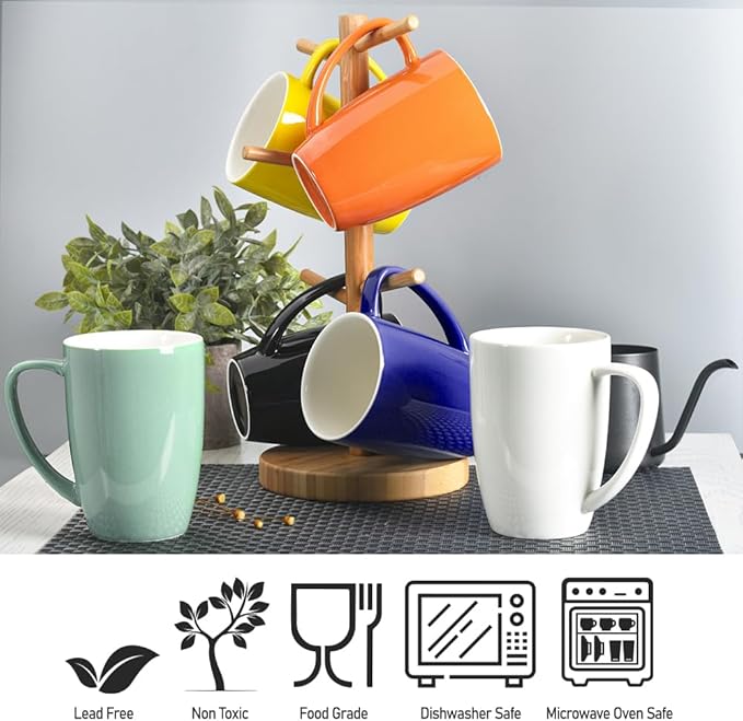 homEdge Porcelain Mug Set, 16 Ounces Cup for Tea, Latte, Mocha, Hot Chocolate, Set of 6, Assorted Color