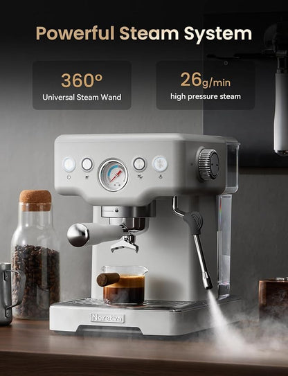 Neretva Stainless Steel Espresso Machine with Visible Pressure Guage-White | 15 Bar Professional Espresso Maker with Powerful Milk Frother and LED Display for Home Baristas to Make Latte, Cappuccino