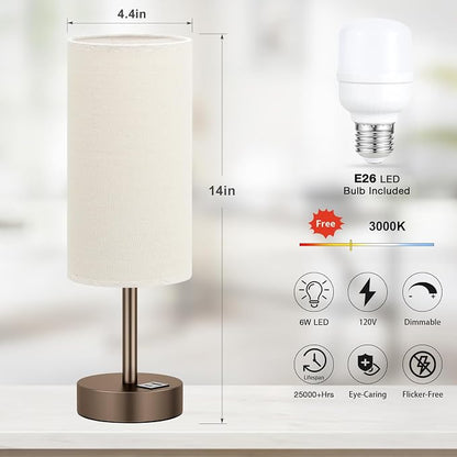 Dicoool Bedside Table Lamp for Bedroom - 3-Way Dimmable Touch Lamp, USB A+C | LED Bulb Included, 14" Small Nightstand Lamp for Desk, Living Room, Guest Room, Beige Fabric Lampshade, Brown Metal Base