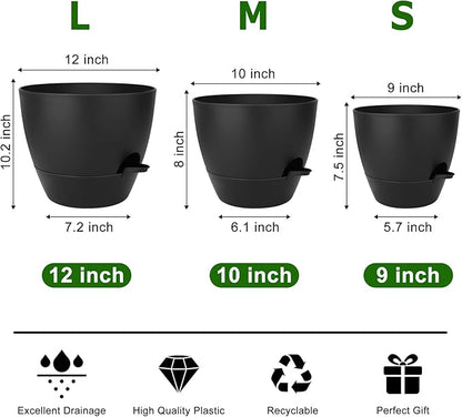 Plant Pots 12/10/9 Inch Self Watering Pots, Set of 3 Plastic Planters with Drainage Holes and Saucers,Plastic Flower Pots,Nursery Planting Pot for Indoor Out Door Plants(Pure Black)