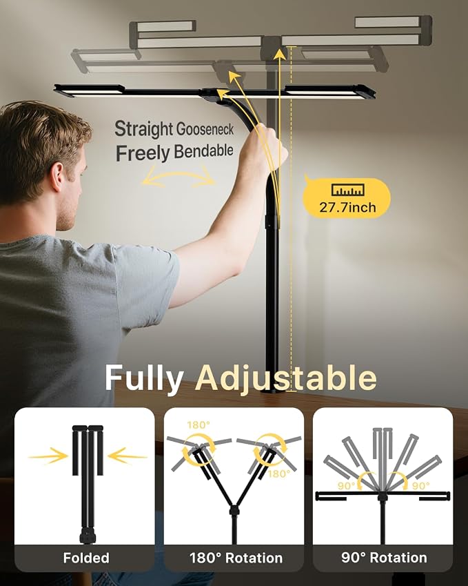 ONEMIX 42-Inch LED Desk Lamp for Dual Monitors with Clamp and Remote | 4 Adjustable Panels for Focused or Wide-Area Light, 1800LM, Flexible Gooseneck, 5 Color Temps, 5 Brightness Levels, Timer