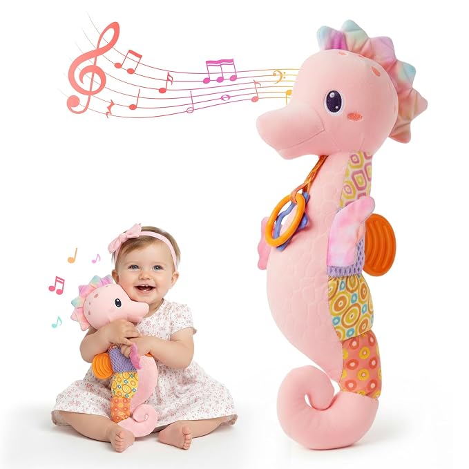 Baby Toys 0-6 Months,Infant Musical Seahorse Stuffed Animals Sensory Toys with Bright Colors,Multiple Textures,Rattles & Crinkle Sound Paper,Soft Tummy Time Toy for Newborn Boys Girls 0-12 Months-Pink