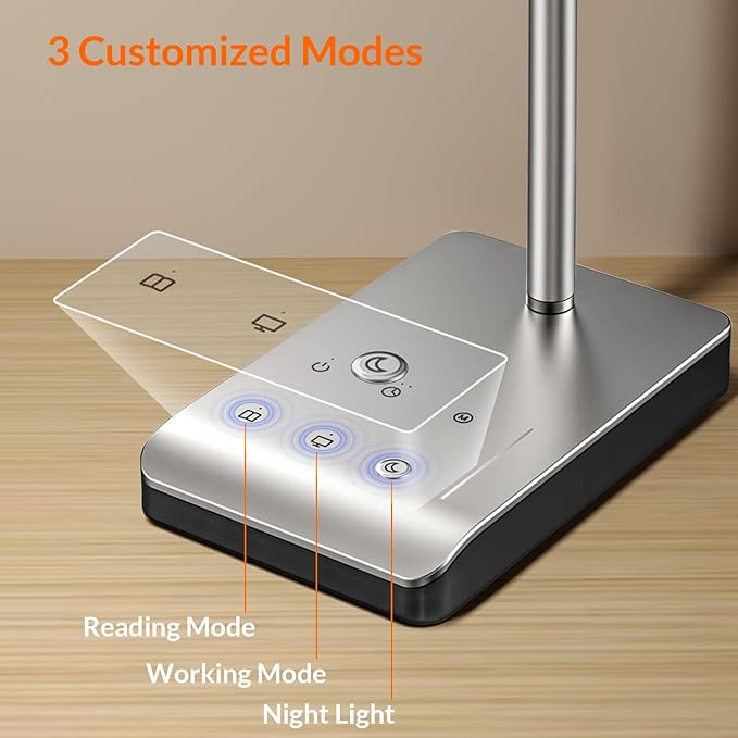 LED Desk Lamp, 12W Reading Desk Lamp for Office Home with 60 Lighting Modes, Touch Control & Timer Function, 750LM Bright Eye-Caring Gooseneck Desk Light Table Lamp for Study, Work, Silver