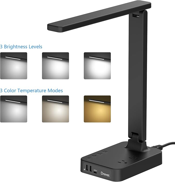 Drevet LED Desk lamp with USB C Charging Port, Table Light with 3 USB Charger and 2 AC Power Outlet, 3 Color Model, 3 Level Brightness, Touch Control, Memory Function, Eye-Caring Office Foldable Lamp