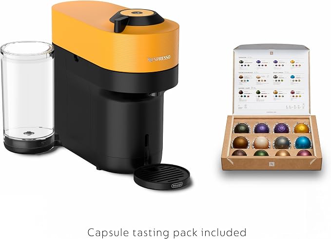 Nespresso Vertuo Pop+ Coffee Machine with Milk Frother, Mango Yellow | Yellow coffee and espresso maker by De'Longhi with compact design. Aeroccino3 frother bundle for hot or cold foam drinks.