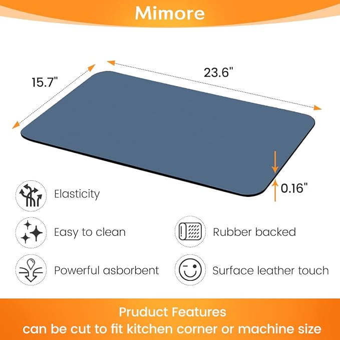 Mimore Coffee Mat - 16x24 Inch Blue Bar Mat for Countertop - Absorbent, Hides Stains, Rubber Backed - Dish Drying Mat Fits Under Coffee Maker, Espresso Machine (Compatible with Ninja Luxe Cafe)