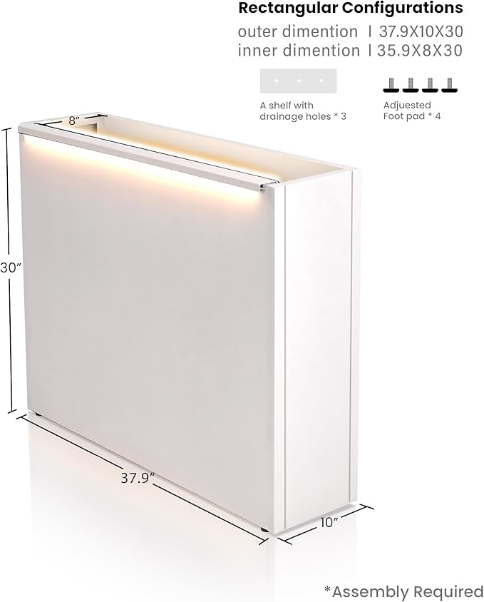GSK White Metal Planter Box with LED Light Rectangular Illuminate Flower Trough 30" H×10" W×37.9" L Vibe Indoor Light Up Garden Plants Outdoor Separation Patio Porch Balcony
