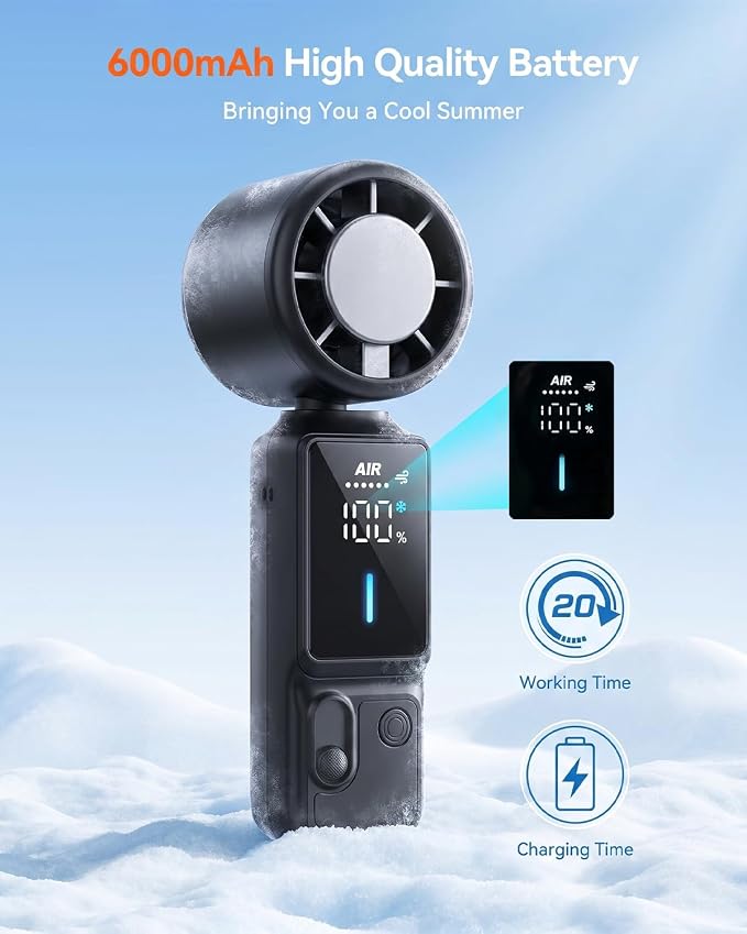 Rechargeable Personal Fan – 3-in-1 Foldable Handheld Turbo Fan with Ice Compress, 6000mAh Battery Lasts 20H, 100 Speeds & 20000 RPM Quiet Motor, Wearable Portable Fan for Outdoor Travel Office