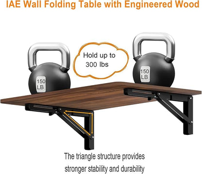 IAE 36x22in Floating Fold Desk,Wall-Mounted Folding Computer Table,Walnut | Study Table with Shelf Brackets,Foldable Down Shelf with Engineered Wood,Fold Computer Desk for Small Apartment,Holds 503 lb