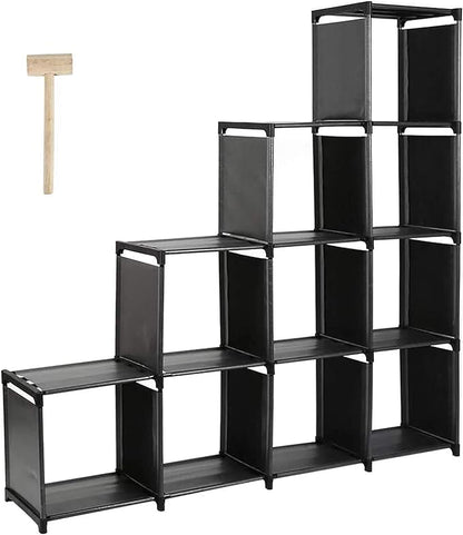 10-Cube Storage Organizer Rack, Staircase Organizer Modular Bookcase, DIY Storage Organizer Closet Shelf, Bookcase in Living Room, Bedroom for Toys and Daily Necessities, Black