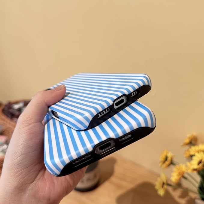 for iPhone 15 Case Striped Cute Aesthetics Phone Case Trendy Protective Shockproof Cover for iPhone 15 Blue White