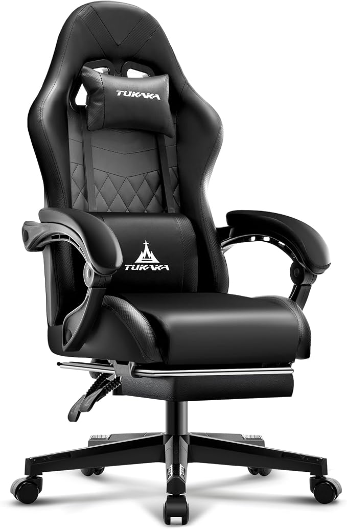 Gaming Chair,Ergonomic Massage Office Desk Chair with Footrest,Black | Pocket Spring Cushion,Reclining,Thick High Back,Headrest and Lumbar Support,Adjustable Leather Computer Chair Gamer Chair