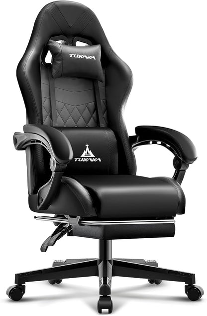 Gaming Chair,Ergonomic Massage Office Desk Chair with Footrest,Black | Pocket Spring Cushion,Reclining,Thick High Back,Headrest and Lumbar Support,Adjustable Leather Computer Chair Gamer Chair