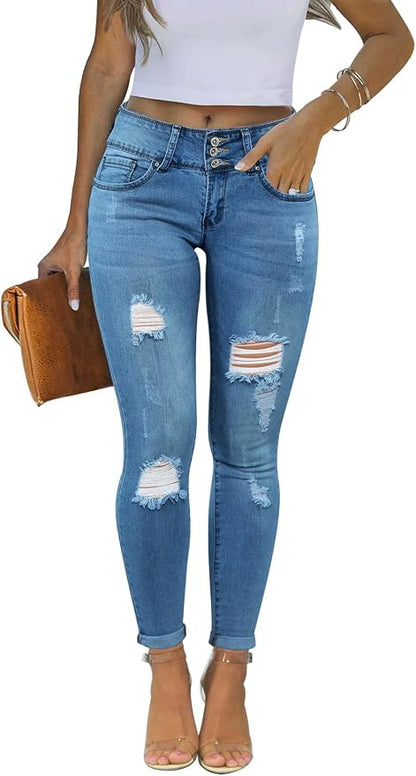 KUNMI Women's Skinny Ripped Trendy Jeans Distressed Stretchy Denim Pants