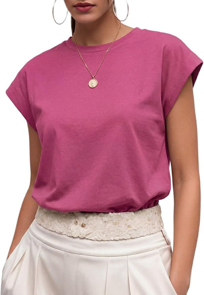 GRECERELLE Womens Summer Tops Cap Sleeve Crew Neck Basic T-Shirt | Everyday Casual Wear, Layering Friendly, Wrinkle-Resistant, Business Casual Ready, Lightweight & Packable, Capsule Wardrobe