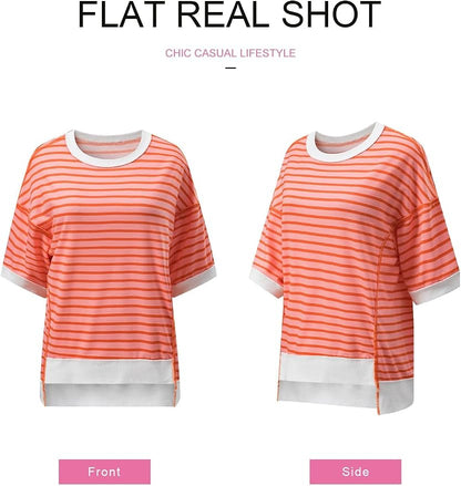 SHEWIN Womens Tops Casual Short Sleeve Sweatshirt Crewneck Striped Shirt Pullover T Shirts Loose Blouses