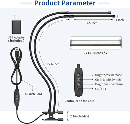 iZELL Desk Lamp, [2 LED Tube] Desk Lamps for Home Office with Clamp, Flexible Gooseneck LED Book Light, Easy Clip on Reading Lights for Bedrooms Beside Table Headboard College Dorm Bed Room - Black
