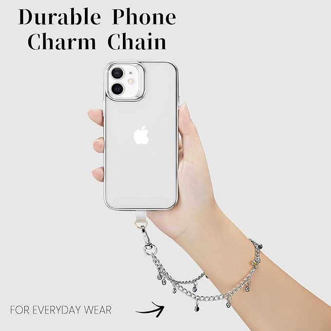 Phone Charm Wrist Strap Silver Metal Chain Detachable Lanyard Hand Wristlet Fashion Shine Finger Grip Anti-drop with 2 Tether Tab for Women Girls Universal for iPhone 16 Pro Max Colorful Gem