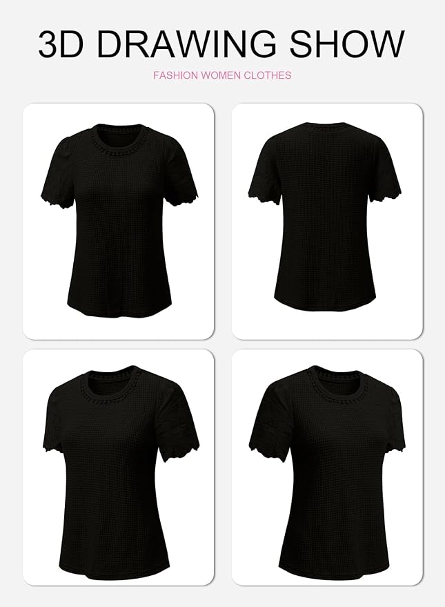 SHEWIN Womens Frenchy Summer Tops Crewneck Short Sleeve T Shirts Casual Waffle Knit Jacquard Blouses Top Shirts